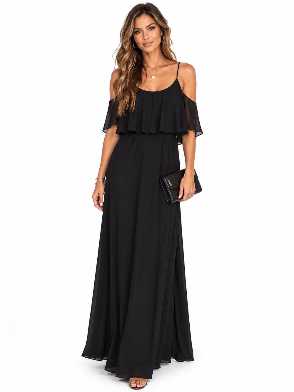 Show Me Your MuMu Black Off- Cold Shoulder Ruffle Chiffon Convertible Maxi Dress